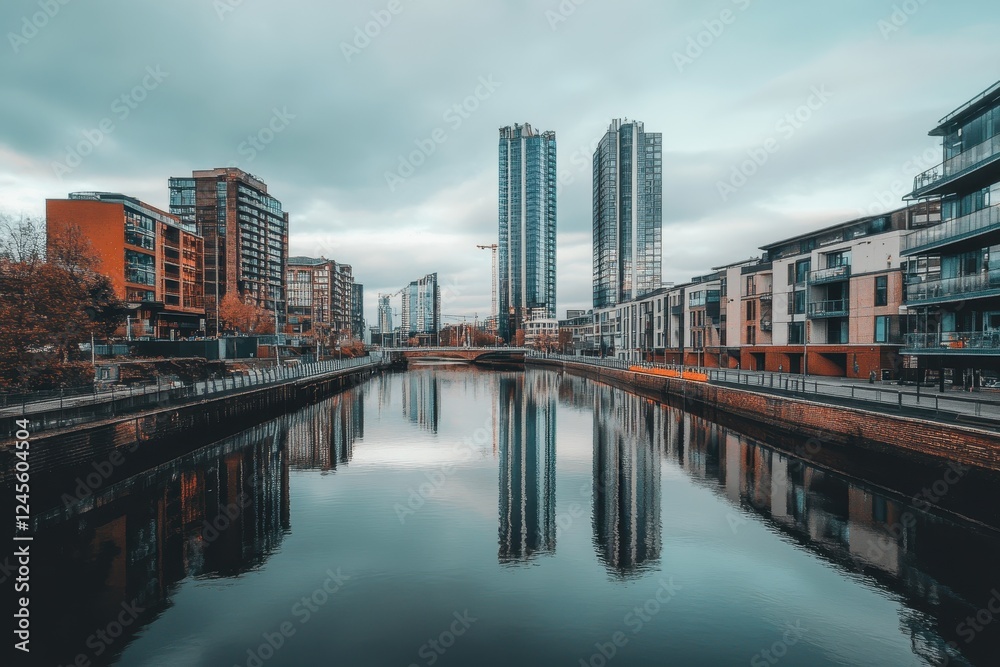 Modern Cityscape Reflection Over Calm Water in Urban Environment Modern Cityscape Reflection Over Calm Water in Urban Environment