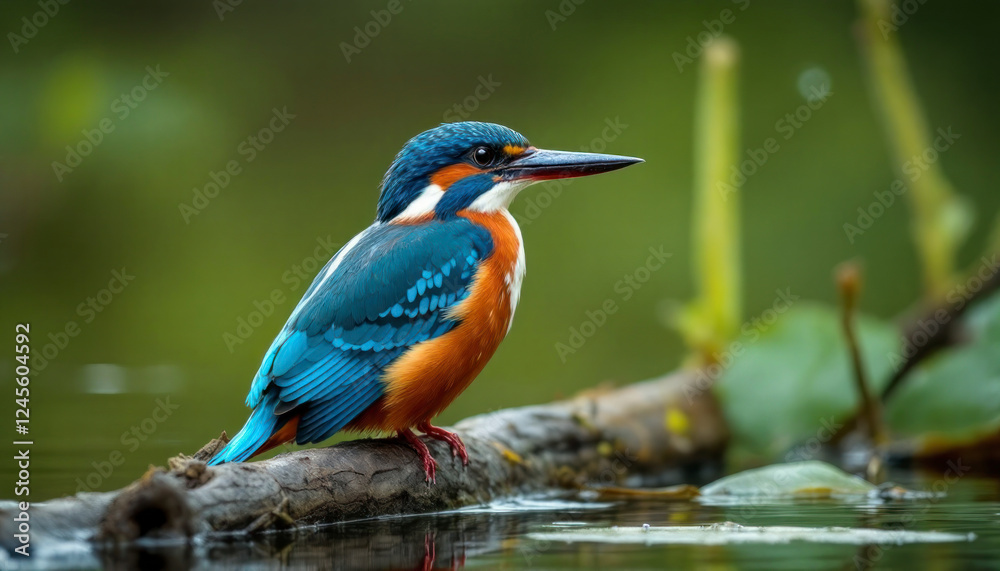 Vibrant Kingfisher Bird Perched on Branch Near Water Vibrant Kingfisher Bird Perched on Branch Near Water
