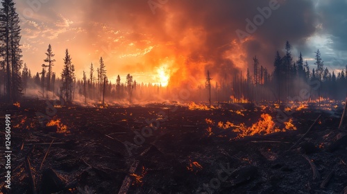 A wide-angle view of a forest fire, showing its scale and devastation 