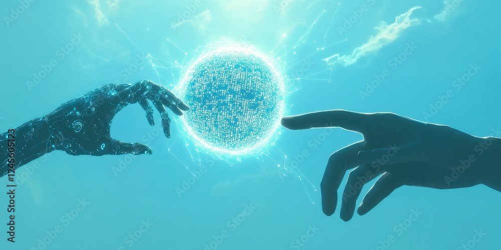 Fototapeta premium Digital Connection Between Human Hand and Futuristic Robotic Hand Reaching for Glowing Sphere Symbolizing Technology and Humanity in Harmony