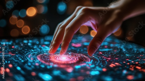 Hand interacting with glowing holographic display in dark room