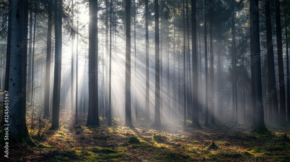 Sunbeam penetrating fog in a dense forest nature landscape photography serene atmosphere captivating view Sunbeam penetrating fog in a dense forest nature landscape photography serene atmosphere captivating view