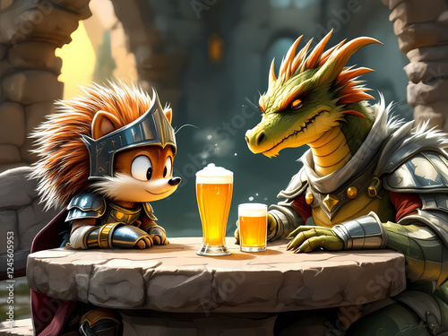 Friendly hedgehog knight enjoying beer with a dragon in a medieval tavern background for April Fools' Day