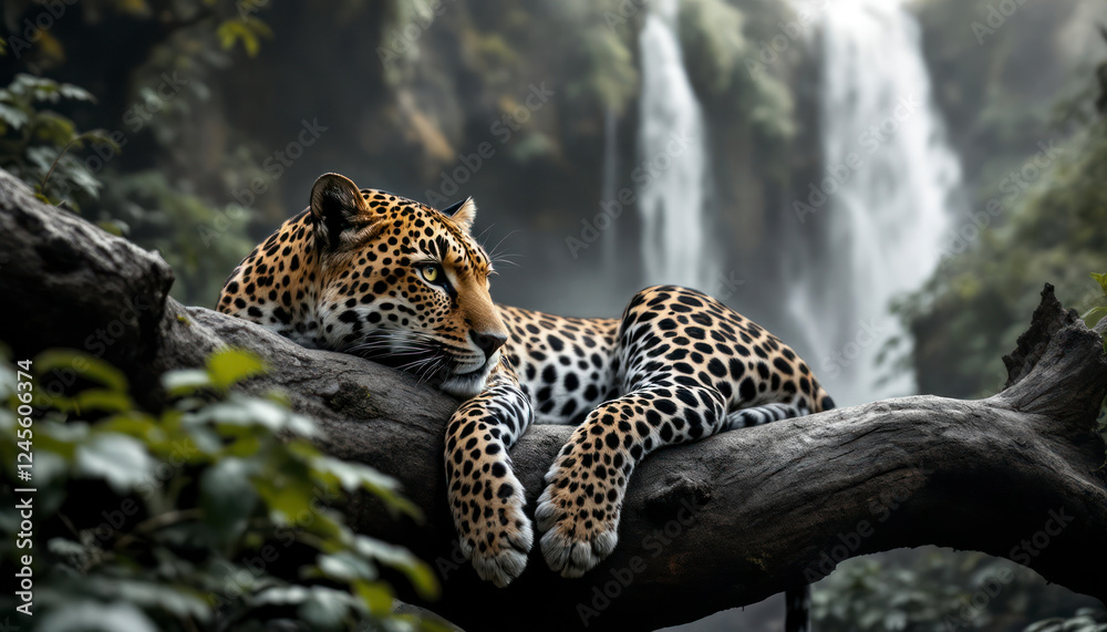 Naklejka premium Majestic Leopard Resting on Branch Near Waterfall