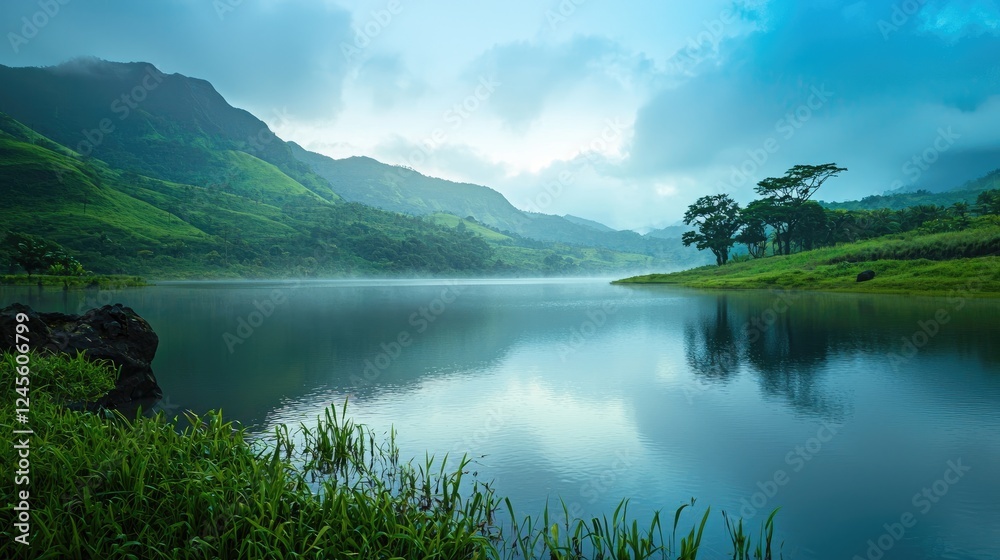 A serene lake surrounded by lush green mountains during sunrise, with calm waters reflecting the sky. A serene lake surrounded by lush green mountains during sunrise, with calm waters reflecting the sky.