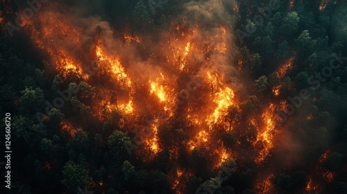 A wildfire spreading through a forest, captured from above, with smoke billowing