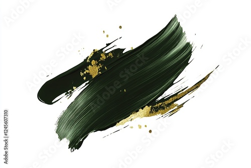 Artistic brush stroke with dark green paint and shimmering gold accents on a clean white background