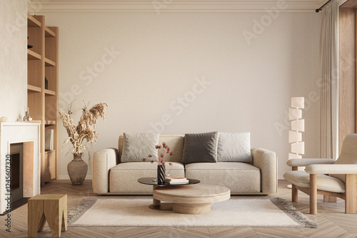 Fotografía Modern living room interior featuring wooden shelving and sleek contemporary fur