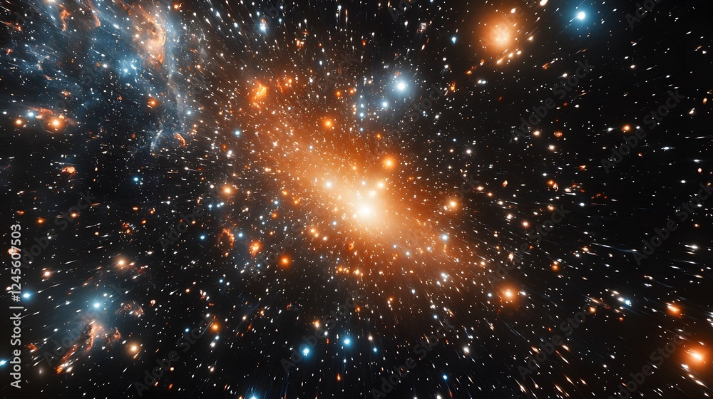 Fototapeta premium Cluster of stars with vibrant quasar effects radiating across a dark cosmic background