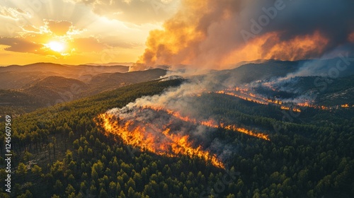 A wildfire spreading toward hills, with a birdâ€™s-eye view of the affected forest