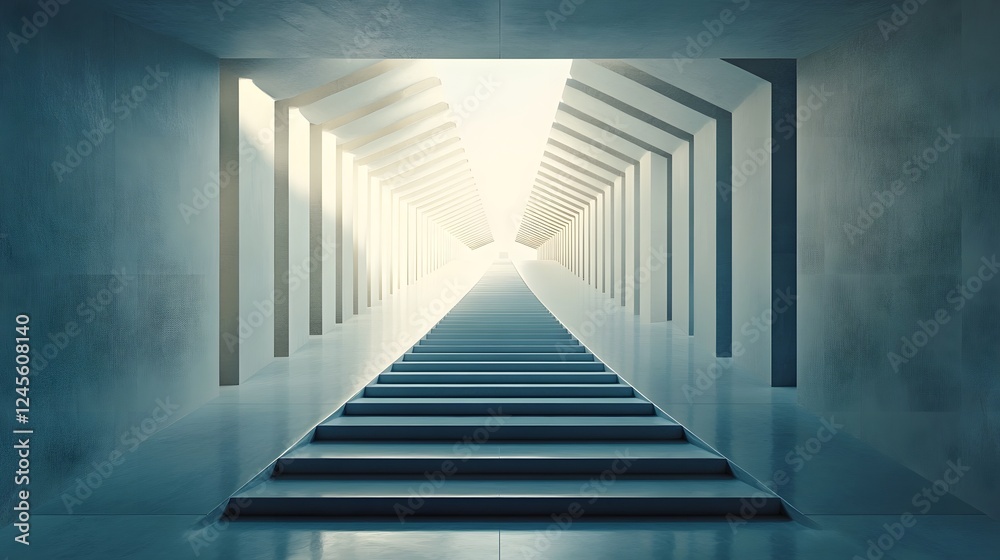 Fototapeta premium Long stairway leading to bright light with symmetrical shapes and balanced colors in a serene environment