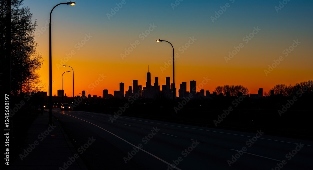 Stunning Sunset Silhouette Cityscape Road Highway Stunning Sunset Silhouette Cityscape Road Highway