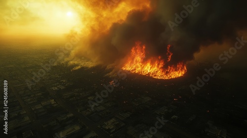 Aerial image of a massive fire in a metropolitan area, smoke rising into a hazy sky 