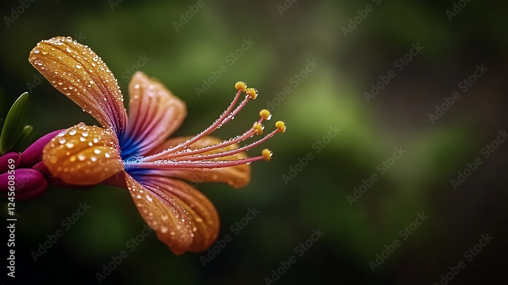 Close-up of a vibrant orange flower with droplets, set against a blurred green background Close-up of a vibrant orange flower with droplets, set against a blurred green background