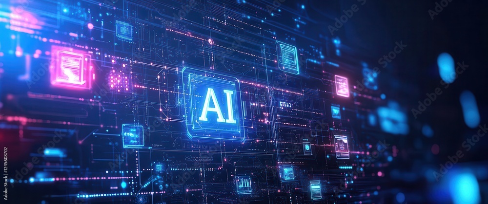 Futuristic Abstract Background with AI Symbol and Digital Circuit Elements Representing Artificial Intelligence Technology and Data Connectivity Futuristic Abstract Background with AI Symbol and Digital Circuit Elements Representing Artificial Intelligence Technology and Data Connectivity