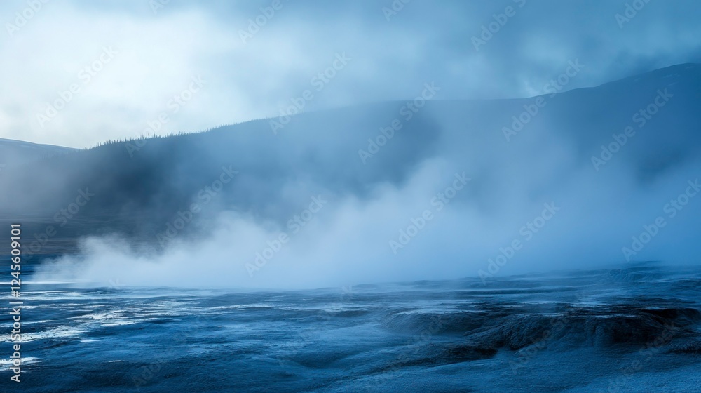 Geothermal hot springs erupting steam yellowstone national park natural landscape photography misty environment wide-angle view Geothermal hot springs erupting steam yellowstone national park natural landscape photography misty environment wide-angle view