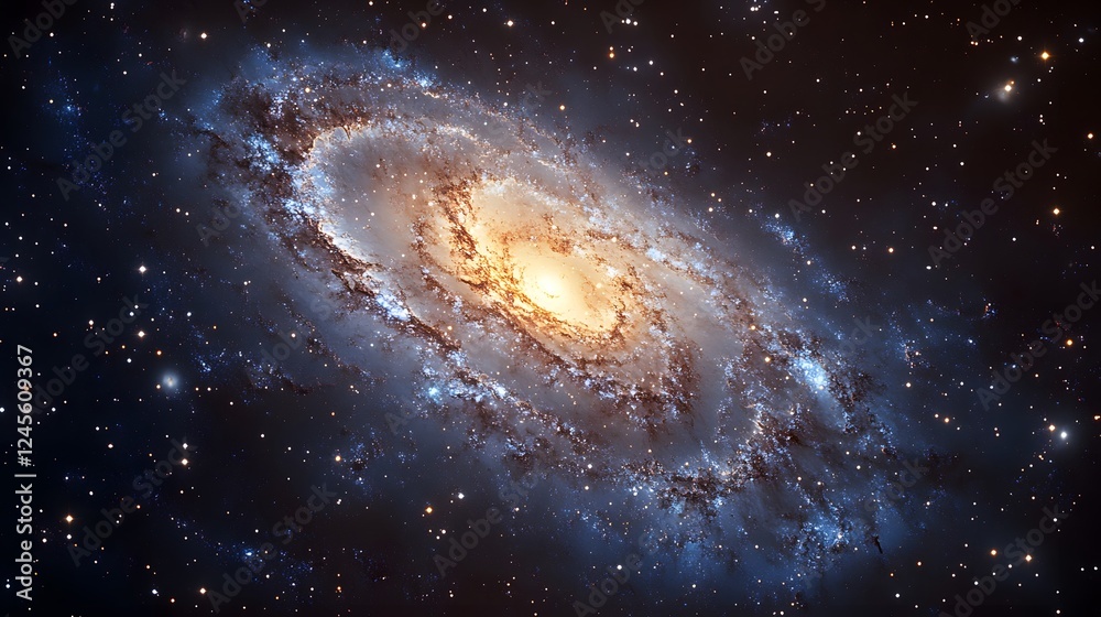 Naklejka premium Large spiral galaxy with cosmic shapes twisting in deep space with bright stars and vibrant colors