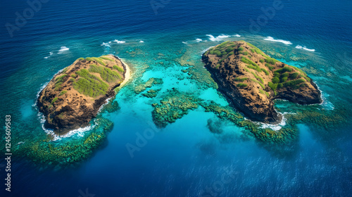 An expansive aerial perspective of two lush islands separated by bright blue waters. The rich greenery contrasts beautifully with the surrounding sea, creating a stunning tropical landscape. photo