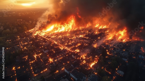 Aerial perspective of a city fire, showing flames spreading through residential and commercial zones 
