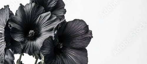 Striking black Alcea Rosa flowers with deep coloration against a bright white background highlighting their intricate textures and elegant forms.