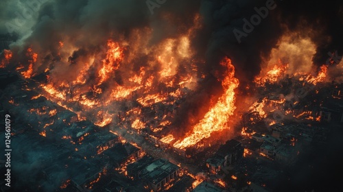 Aerial perspective of a city fire, showing flames spreading through residential and commercial zones 