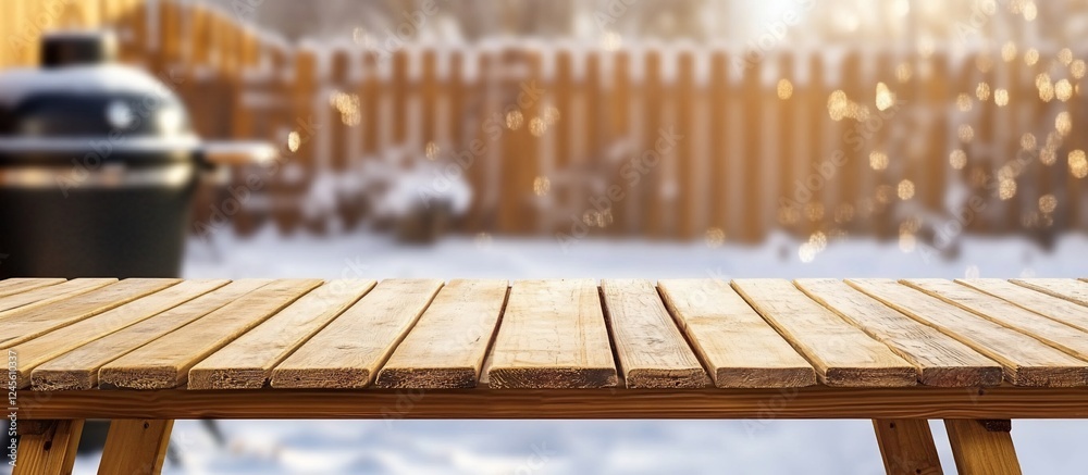 Winter Backyard Wooden Table Scene Winter Backyard Wooden Table Scene