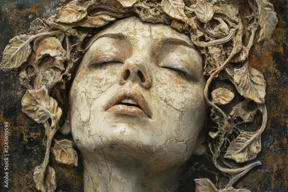 Serene Woman with Leaf Crown in a Nature-Inspired Art Piece Serene Woman with Leaf Crown in a Nature-Inspired Art Piece