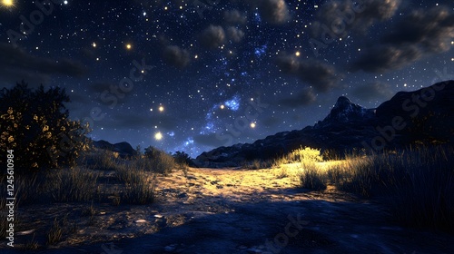 Path through a field under a starry night sky with a replicated cosmos and bright stars above