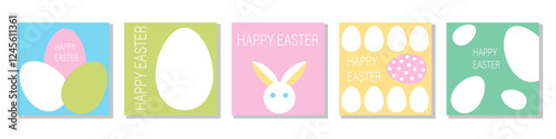 Set of Happy Easter cards in modern minimalistic style with geometric shapes, eggs. Abstract template for poster, branding, advertising, postcard, prints, banner.