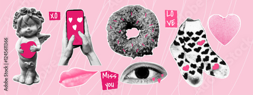 Valentine's Day collage elements set. Angel, lip, eye, socks, heart, donut. Retro halftone effect.