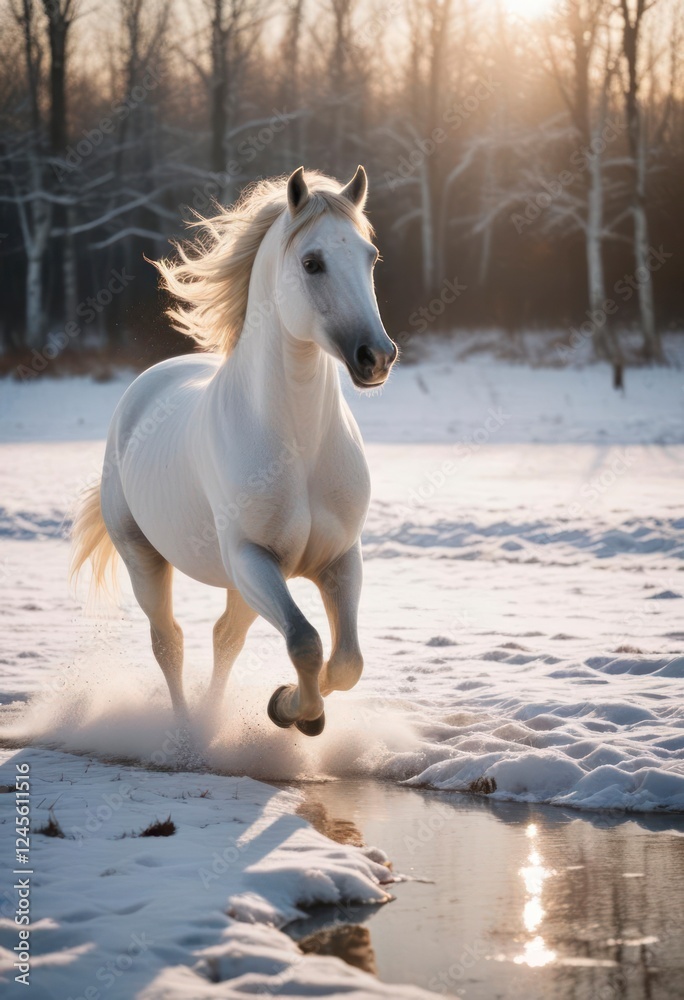 Obraz premium White Horse Running in Snowy Winter Landscape