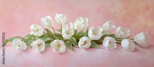 Delicate arrangement of white tulips with green leaves on a soft pink background, showcasing a serene and elegant floral composition.