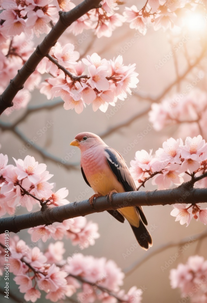 Pink Bird on Cherry Blossom Branch Spring Photography Pink Bird on Cherry Blossom Branch Spring Photography