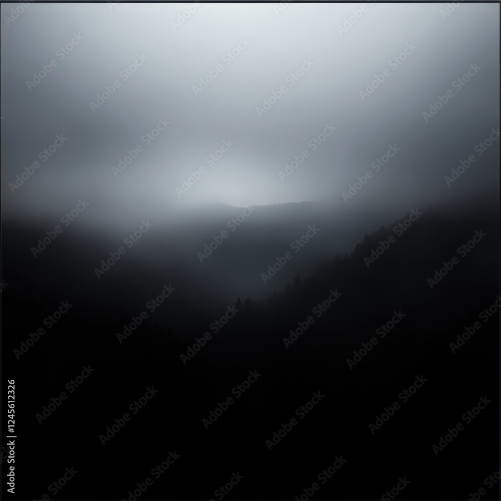 Naklejka premium Black and white photo of a foggy mountain landscape with a zen atmosphere and subtle gradients