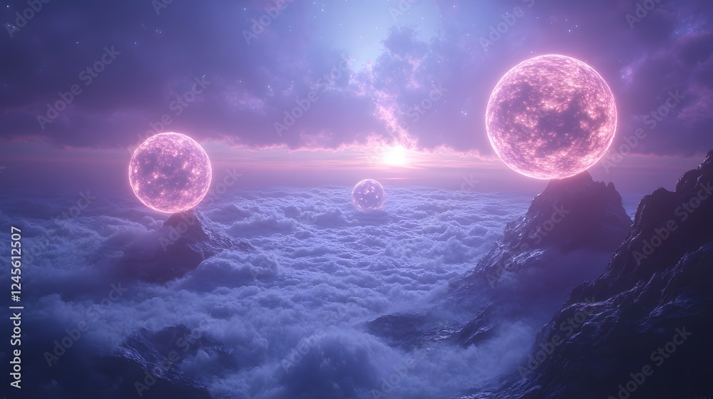 Fototapeta premium Three planets in the sky with surreal landscapes and swirling clouds in an otherworldly scene