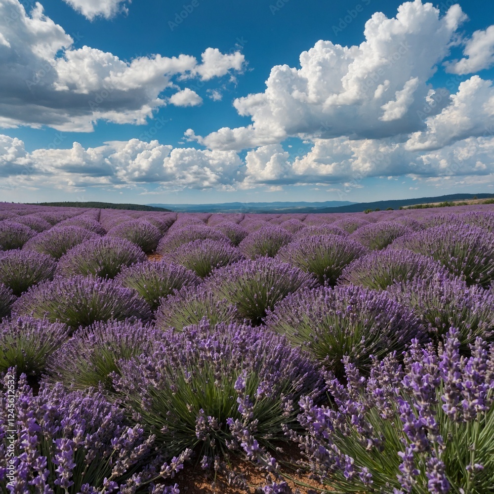 Naklejka premium A sweeping view of a lavender field stretching towards the horizon under a blue sky with fluffy white clouds.