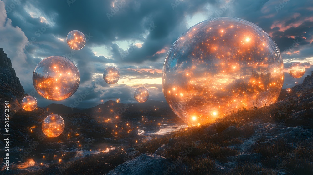 Group of floating bubbles in the air with surreal landscapes and otherworldly visuals in the background Group of floating bubbles in the air with surreal landscapes and otherworldly visuals in the background