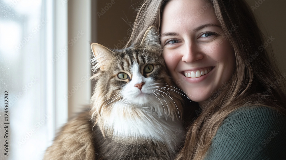 Close-up photo of a woman smiling while holding a fluffy cat, window background with sunlight coming in, Ai generated images Close-up photo of a woman smiling while holding a fluffy cat, window background with sunlight coming in, Ai generated images