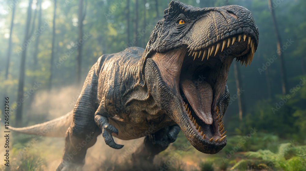 Fototapeta premium Portrait of walking tyrannosaurus rex in tropical forest