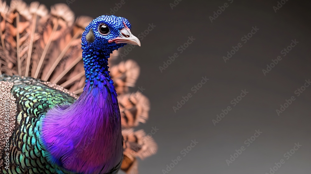 Close-up of a vibrant peacock displaying its colorful feathers against a dark background Close-up of a vibrant peacock displaying its colorful feathers against a dark background