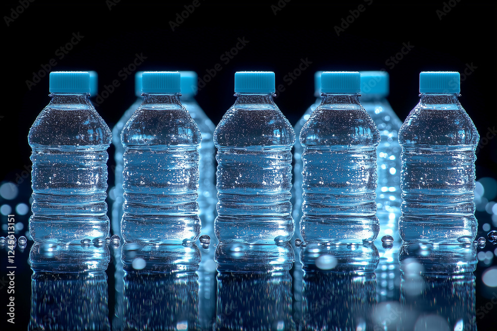 A row of transparent plastic water bottles with condensation droplets, arranged on a reflective surface under bright lighting, creating a fresh and clean aesthetic A row of transparent plastic water bottles with condensation droplets, arranged on a reflective surface under bright lighting, creating a fresh and clean aesthetic