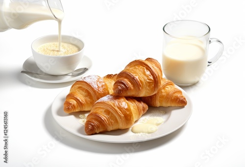 Four croissants and milk breakfast