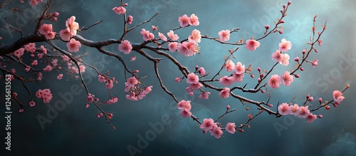 Delicate pink cherry blossoms with dark branches gracefully extend across a soft blue background, creating a serene and enchanting atmosphere.