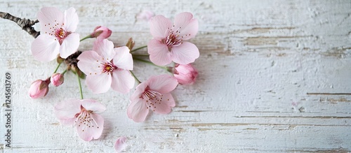 Soft pink cherry blossoms delicately arranged at a quarter angle on a textured white wooden surface against a subtle neutral background