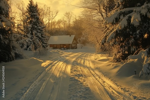 Tranquil Winter Scene with Snow-Covered Cabin and Golden Sunset