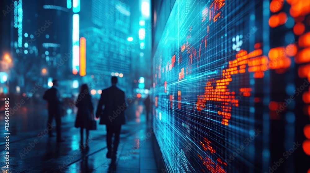 City night, finance data, people walking, digital screen, stock market City night, finance data, people walking, digital screen, stock market