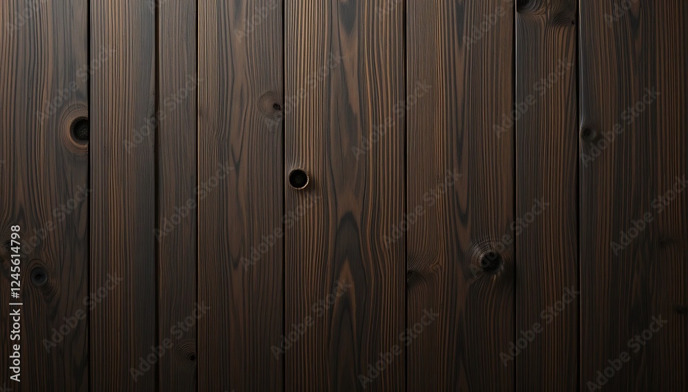 Naklejka premium Dark Brown Wooden Planks Background Texture, Rich Deep Color, Vertical Grain, Knots, Wood Paneling, Natural Wood Surface