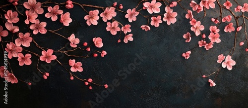 Vibrant pink cherry blossom flowers with delicate petals against a dark backdrop, showcasing elegance and charm in a harmonious composition.