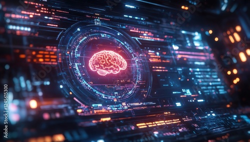 Futuristic Digital Brain Interface with Neon Lights and Circuit Patterns in a High-Tech Laboratory Environment