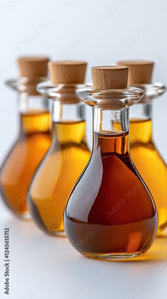 A selection of various oils in elegant glass bottles with wooden tops, showcasing rich colors and textures. A selection of various oils in elegant glass bottles with wooden tops, showcasing rich colors and textures.
